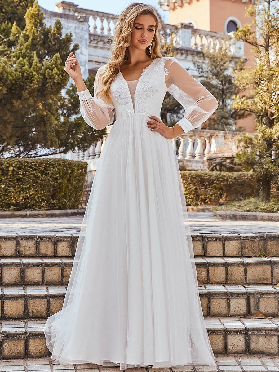 Color=Cream | Romantic Lantern Sleeve Deep V-Neck Wedding Gown With Appliques-Cream 1 Color=Cream | Romantic Lantern Sleeve Deep V-Neck Wedding Gown With Appliques-Cream 1