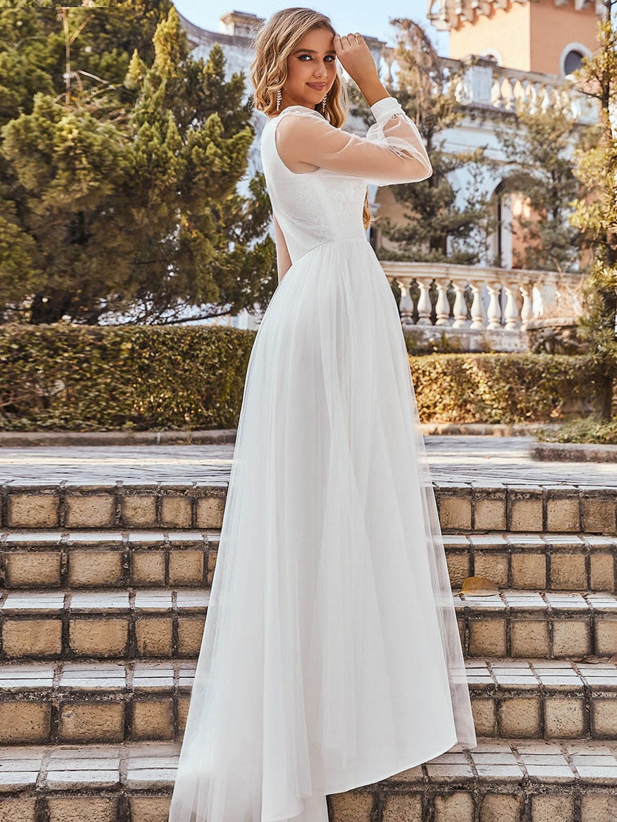 Color=Cream | Romantic Lantern Sleeve Deep V-Neck Wedding Gown With Appliques-Cream 2 Color=Cream | Romantic Lantern Sleeve Deep V-Neck Wedding Gown With Appliques-Cream 2