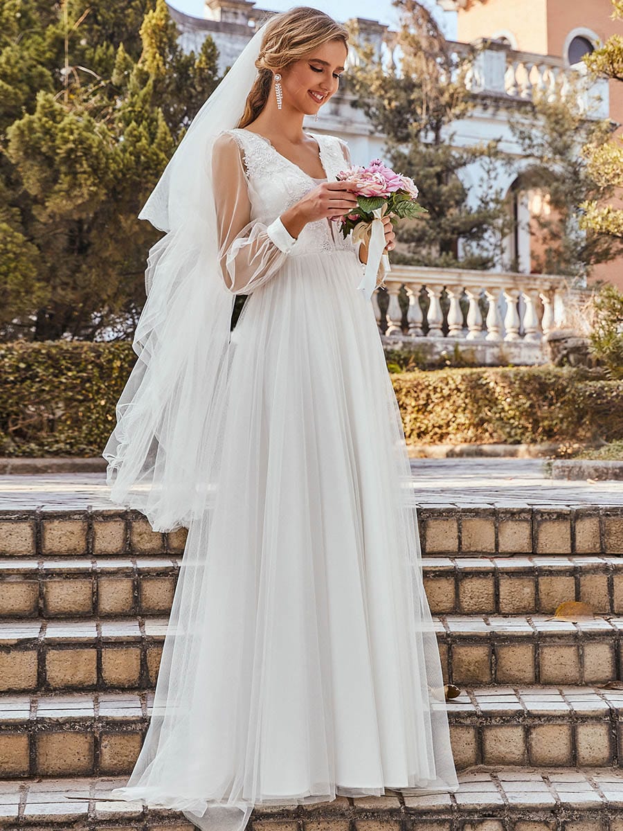 Color=Cream | Romantic Lantern Sleeve Deep V-Neck Wedding Gown With Appliques-Cream 3 Color=Cream | Romantic Lantern Sleeve Deep V-Neck Wedding Gown With Appliques-Cream 3