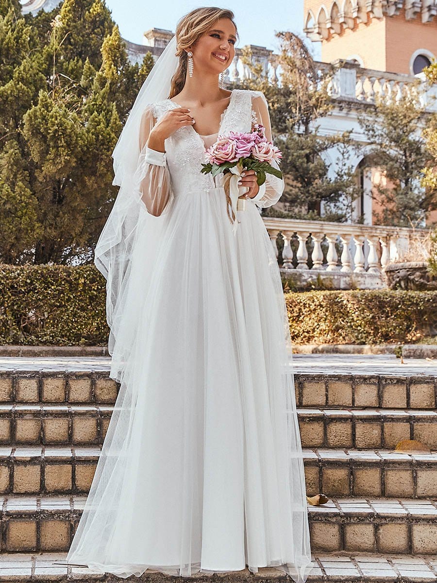 Color=Cream | Romantic Lantern Sleeve Deep V-Neck Wedding Gown With Appliques-Cream 4 Color=Cream | Romantic Lantern Sleeve Deep V-Neck Wedding Gown With Appliques-Cream 4