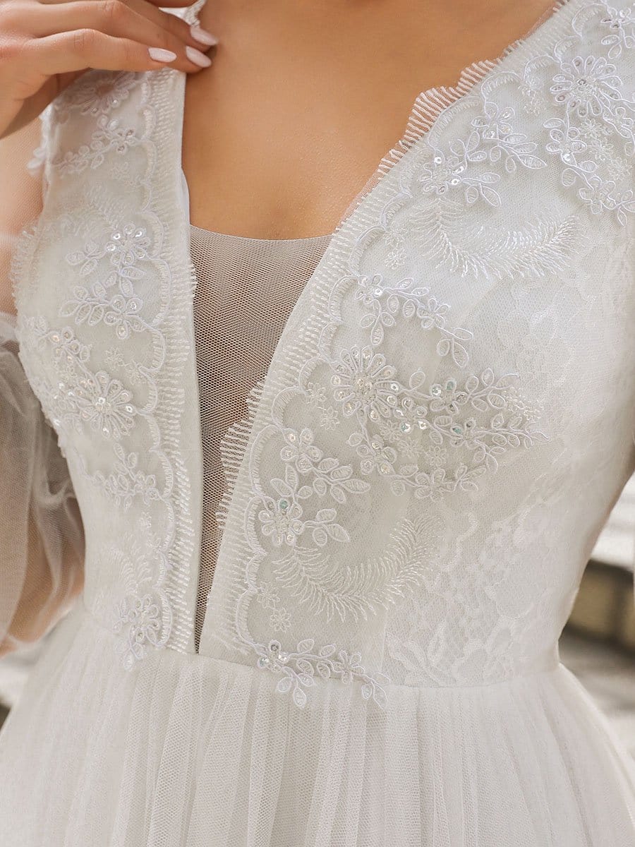 Color=Cream | Romantic Lantern Sleeve Deep V-Neck Wedding Gown With Appliques-Cream 5 Color=Cream | Romantic Lantern Sleeve Deep V-Neck Wedding Gown With Appliques-Cream 5