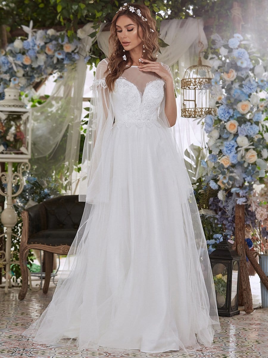 Color=Cream | Round Neck Deep V Tulip Long Sleeves Applique Wedding Dress-Cream 1 Color=Cream | Round Neck Deep V Tulip Long Sleeves Applique Wedding Dress-Cream 1