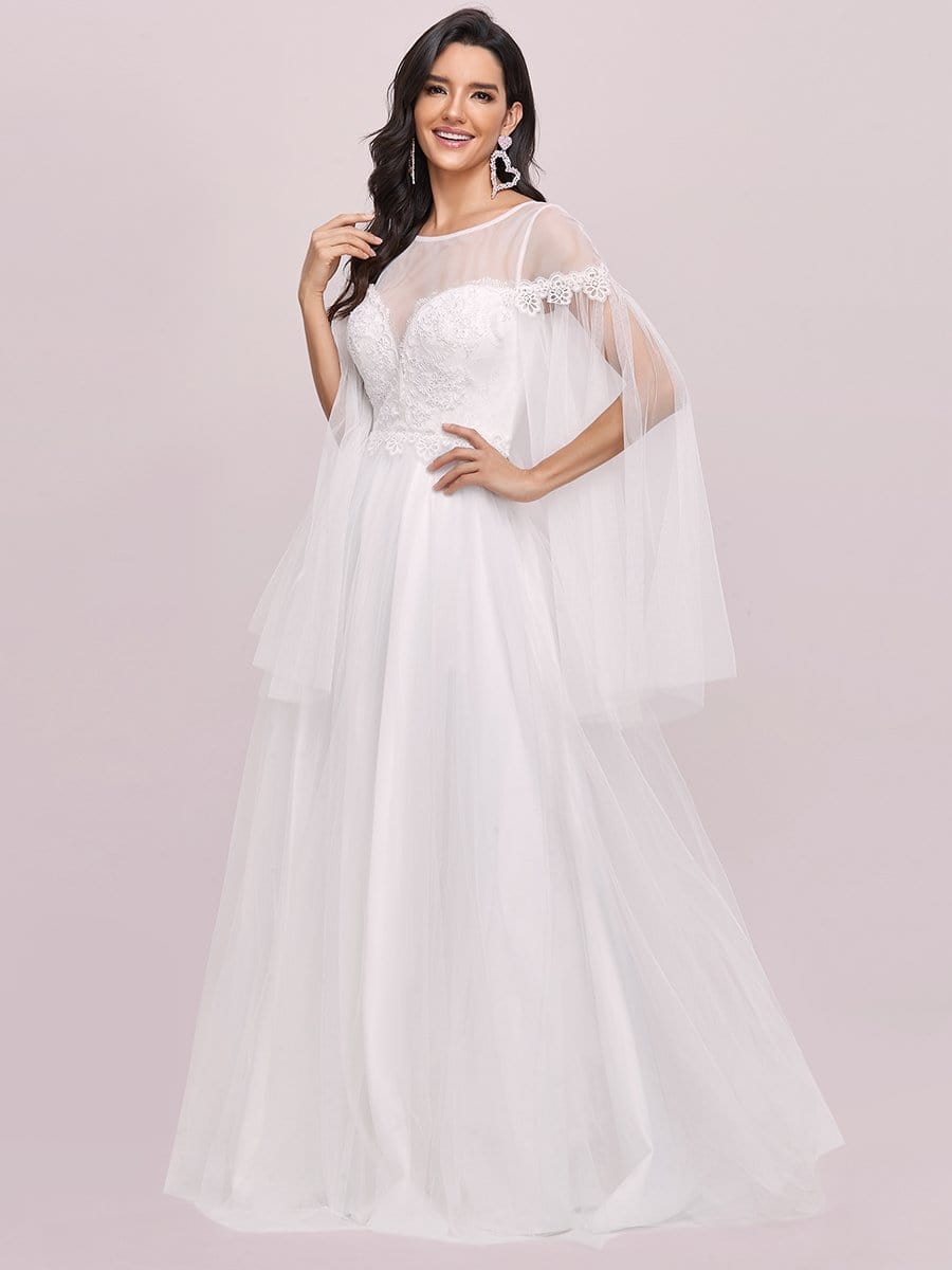 Color=Cream | Round Neck Deep V Tulip Long Sleeves Applique Wedding Dress-Cream 4 Color=Cream | Round Neck Deep V Tulip Long Sleeves Applique Wedding Dress-Cream 4