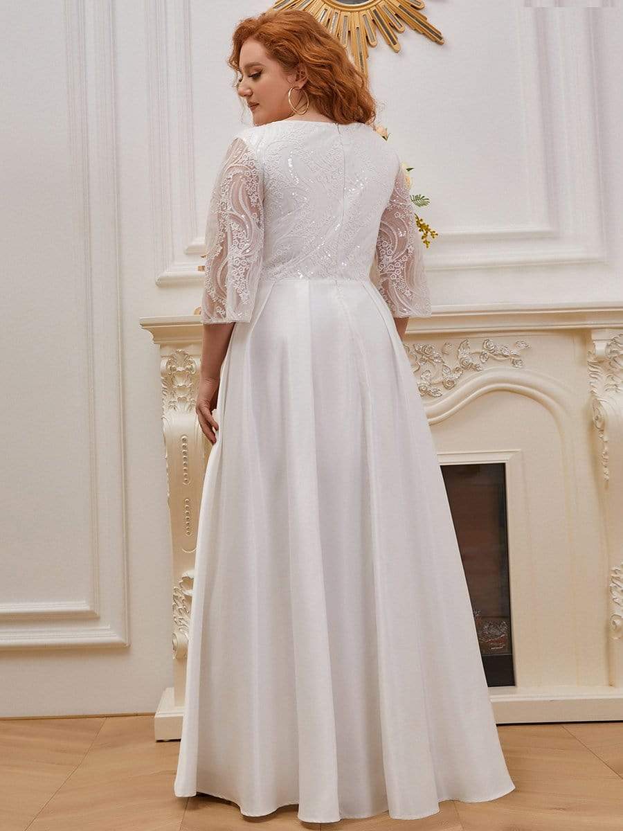 Color=Cream | Elegant Applique A Line Simple Wedding Dress With Half Sleeves-Cream 2 Color=Cream | Elegant Applique A Line Simple Wedding Dress With Half Sleeves-Cream 2