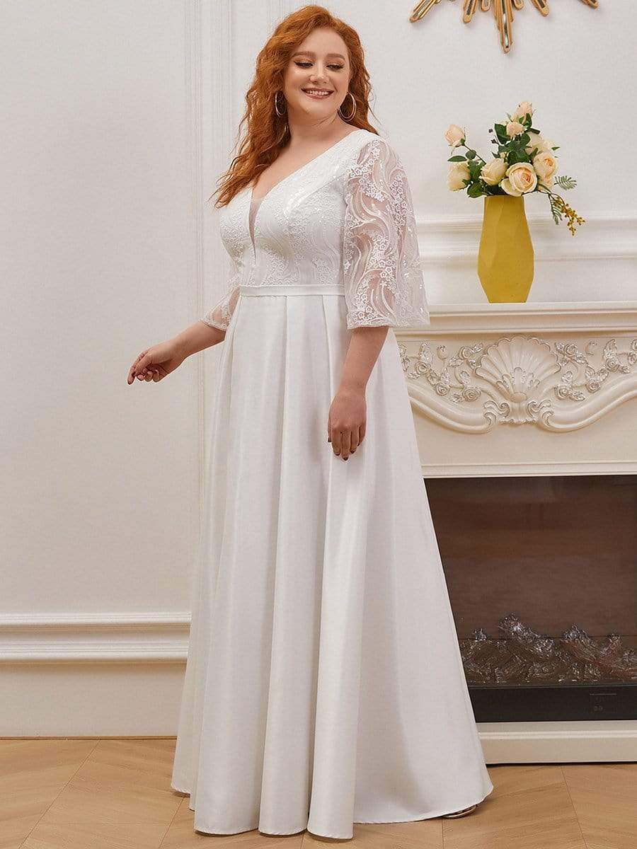Color=Cream | Elegant Applique A Line Simple Wedding Dress With Half Sleeves-Cream 3 Color=Cream | Elegant Applique A Line Simple Wedding Dress With Half Sleeves-Cream 3