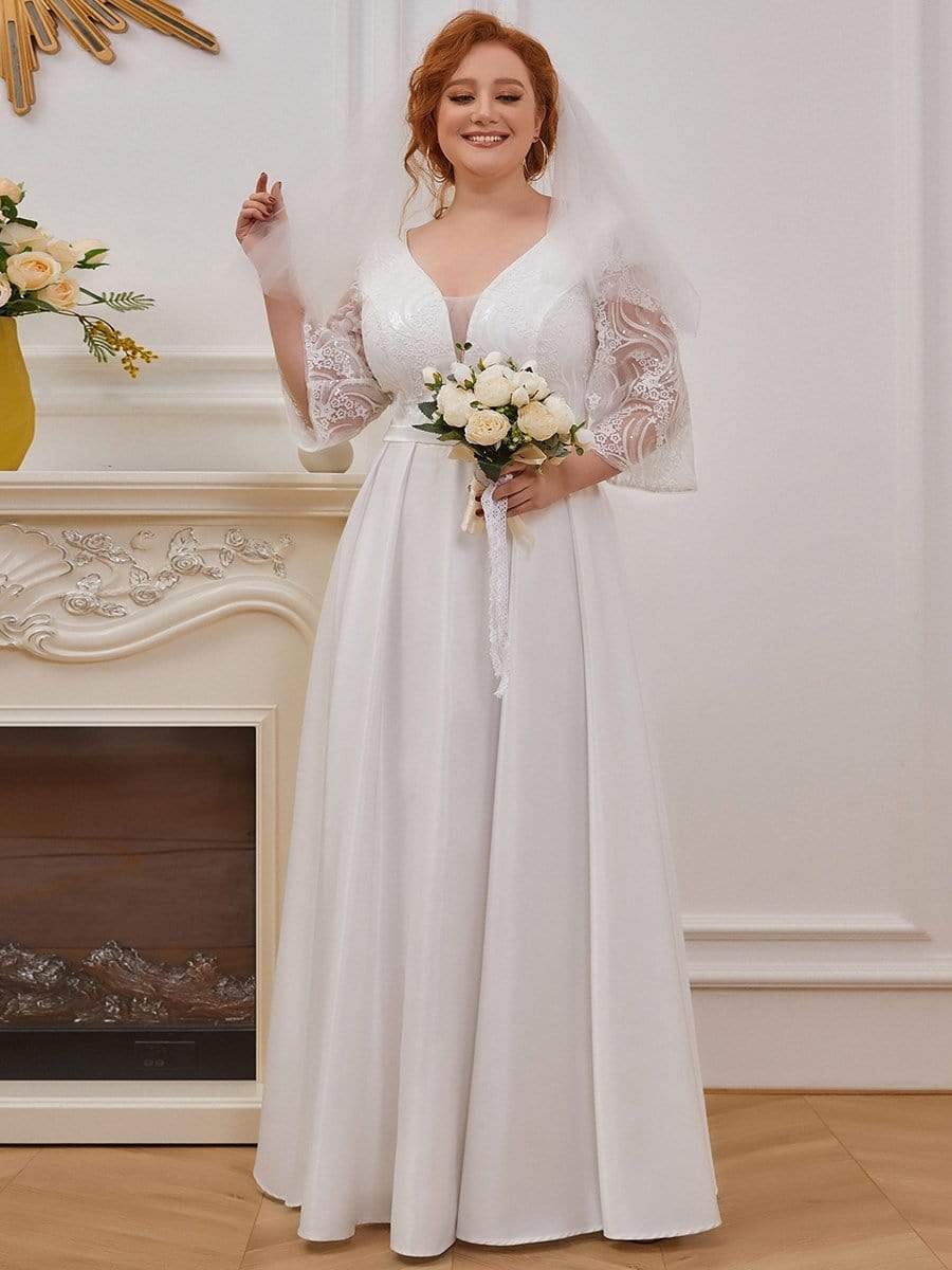 Color=Cream | Elegant Applique A Line Simple Wedding Dress With Half Sleeves-Cream 4 Color=Cream | Elegant Applique A Line Simple Wedding Dress With Half Sleeves-Cream 4