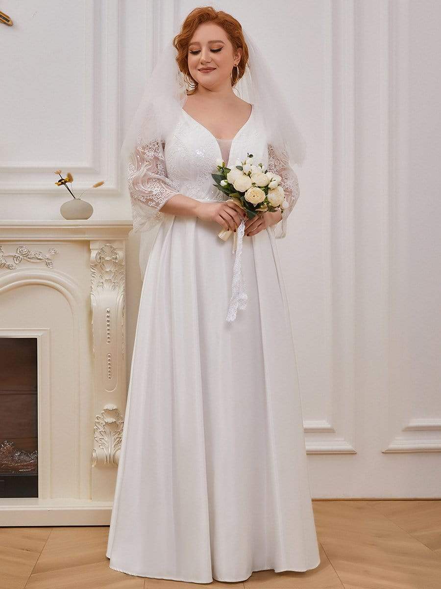 Color=Cream | Elegant Applique A Line Simple Wedding Dress With Half Sleeves-Cream 1 Color=Cream | Elegant Applique A Line Simple Wedding Dress With Half Sleeves-Cream 1