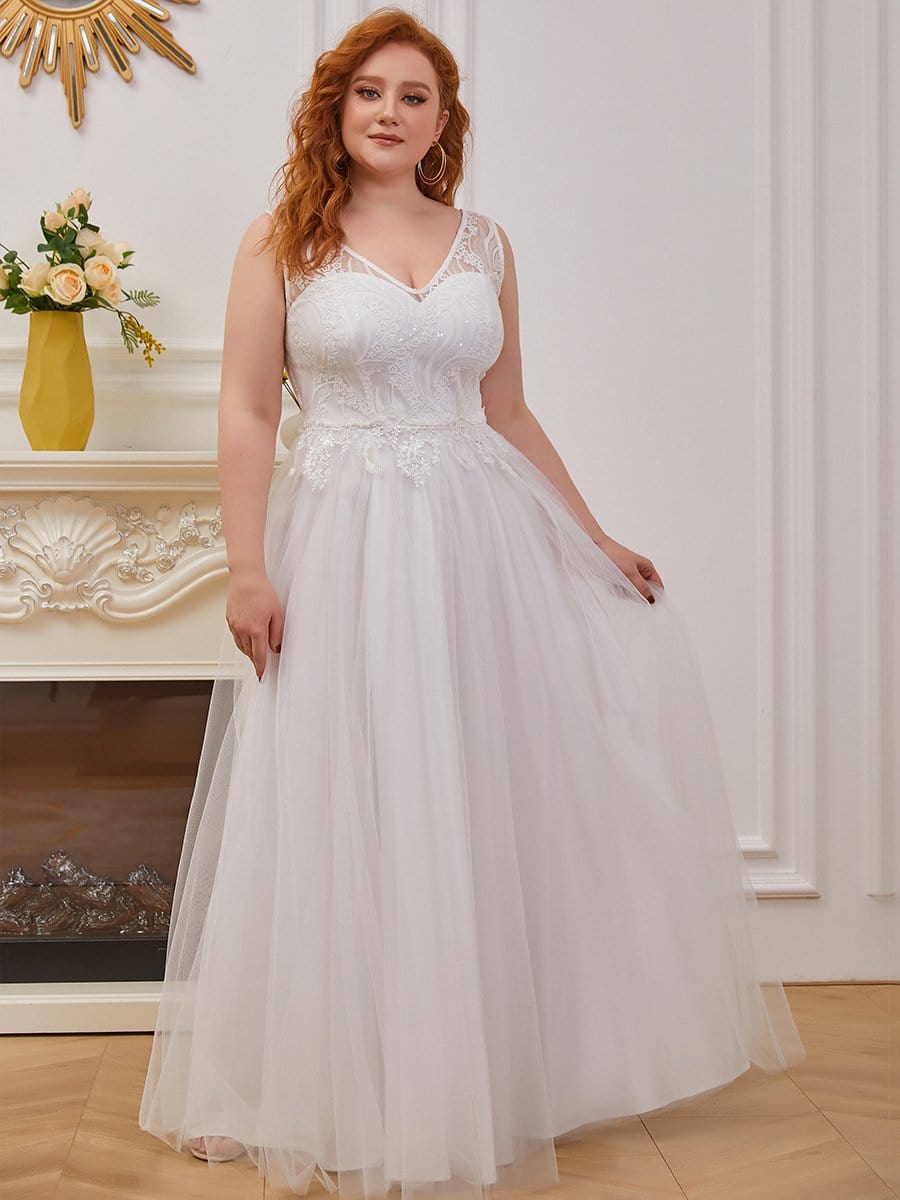 Color=Cream | Plus-Size Embroidery A-line Sleeveless Wedding Dress-Cream 1 Color=Cream | Plus-Size Embroidery A-line Sleeveless Wedding Dress-Cream 1
