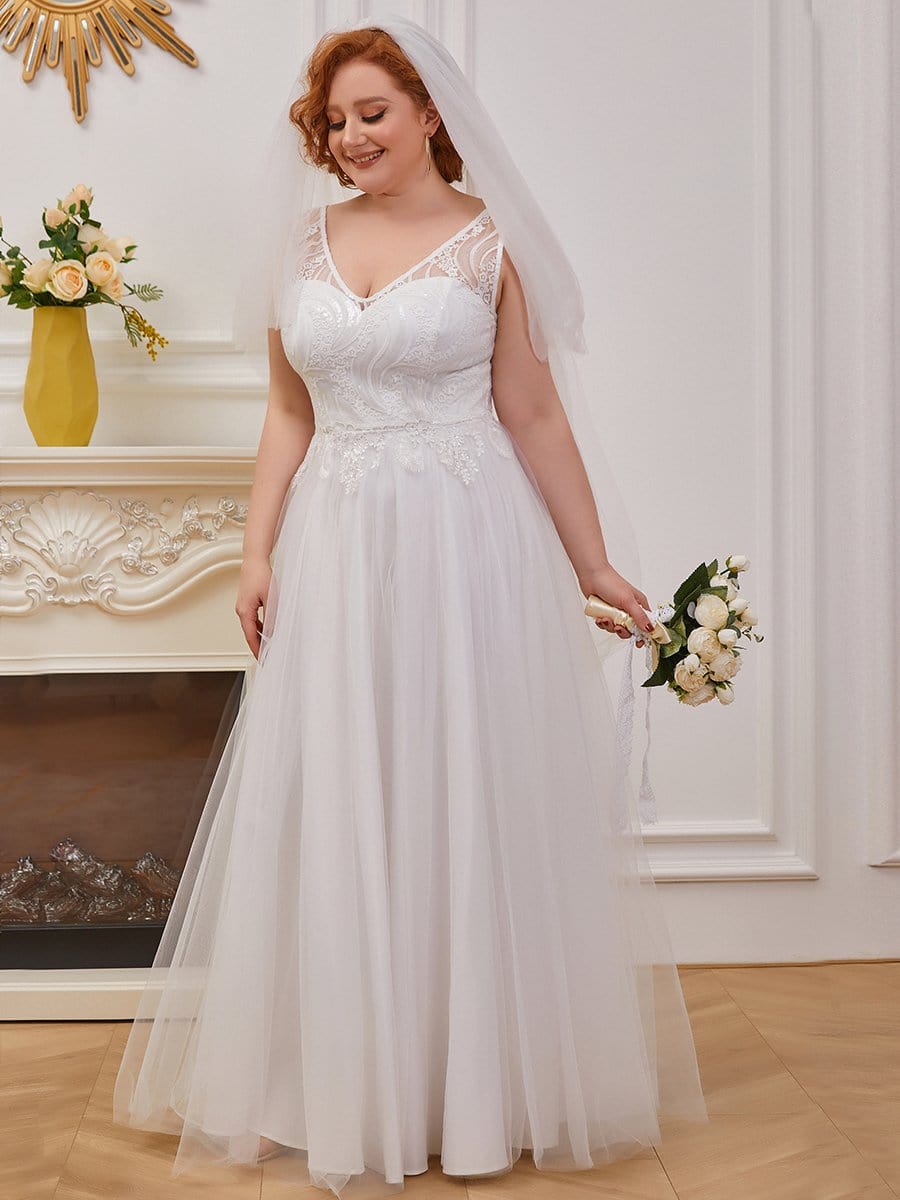 Color=Cream | Plus-Size Embroidery A-line Sleeveless Wedding Dress-Cream 3 Color=Cream | Plus-Size Embroidery A-line Sleeveless Wedding Dress-Cream 3