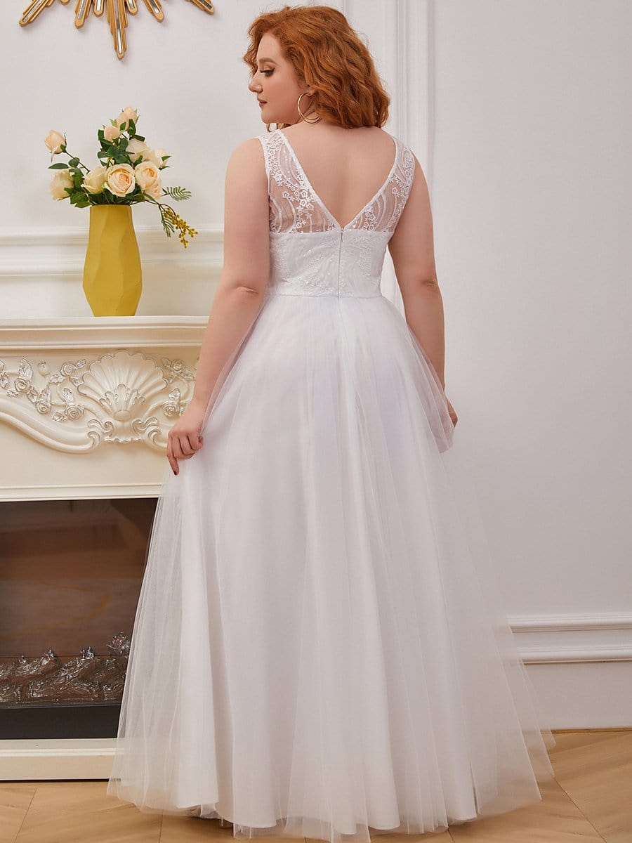 Color=Cream | Plus-Size Embroidery A-line Sleeveless Wedding Dress-Cream 4 Color=Cream | Plus-Size Embroidery A-line Sleeveless Wedding Dress-Cream 4