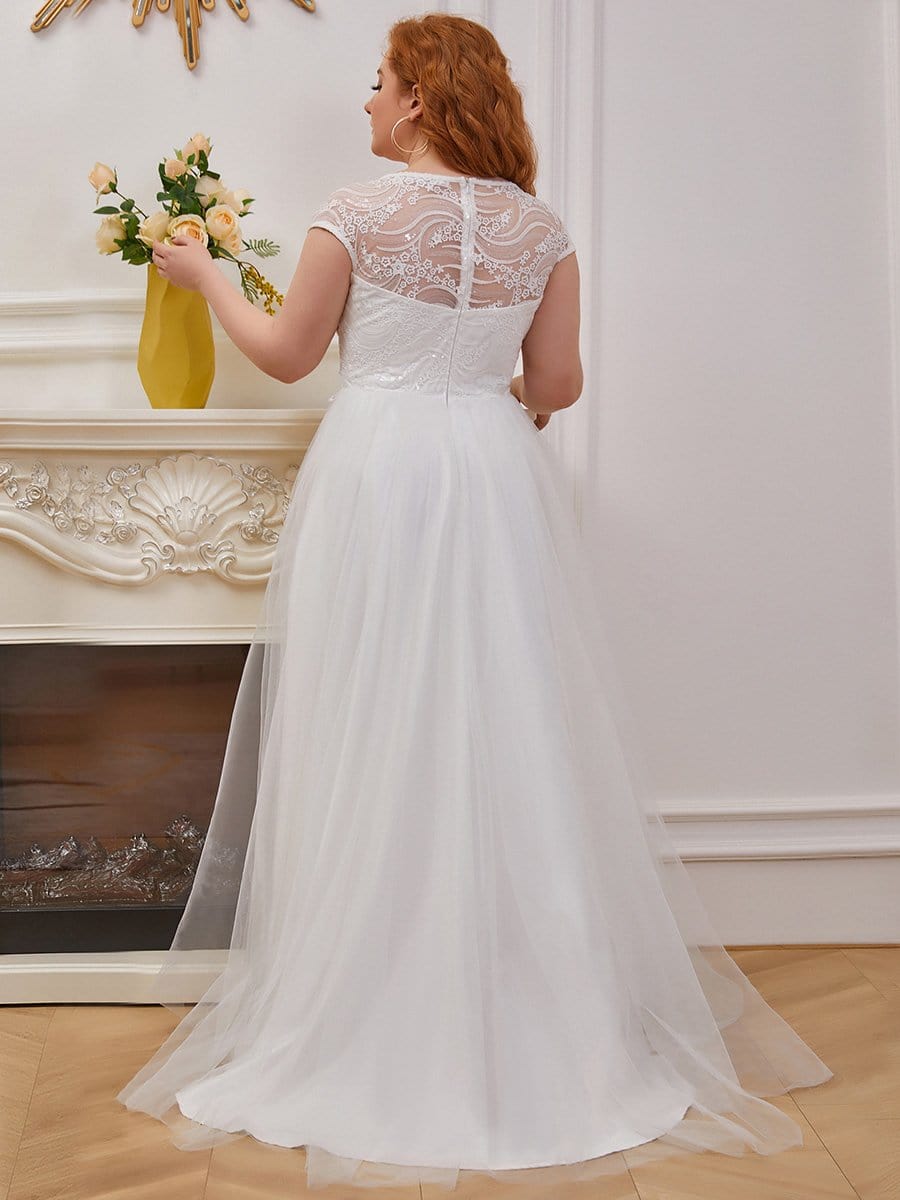 Color=Cream | Plus-Size A-Line V-Neck Wedding Gown With Cover Sleeves-Cream 2 Color=Cream | Plus-Size A-Line V-Neck Wedding Gown With Cover Sleeves-Cream 2