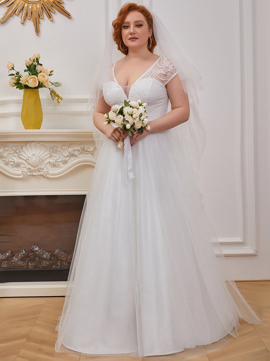 Color=Cream | Elegant A Line V-Neck Wedding Gown With Cover Sleeves-Cream 6 Color=Cream | Elegant A Line V-Neck Wedding Gown With Cover Sleeves-Cream 6