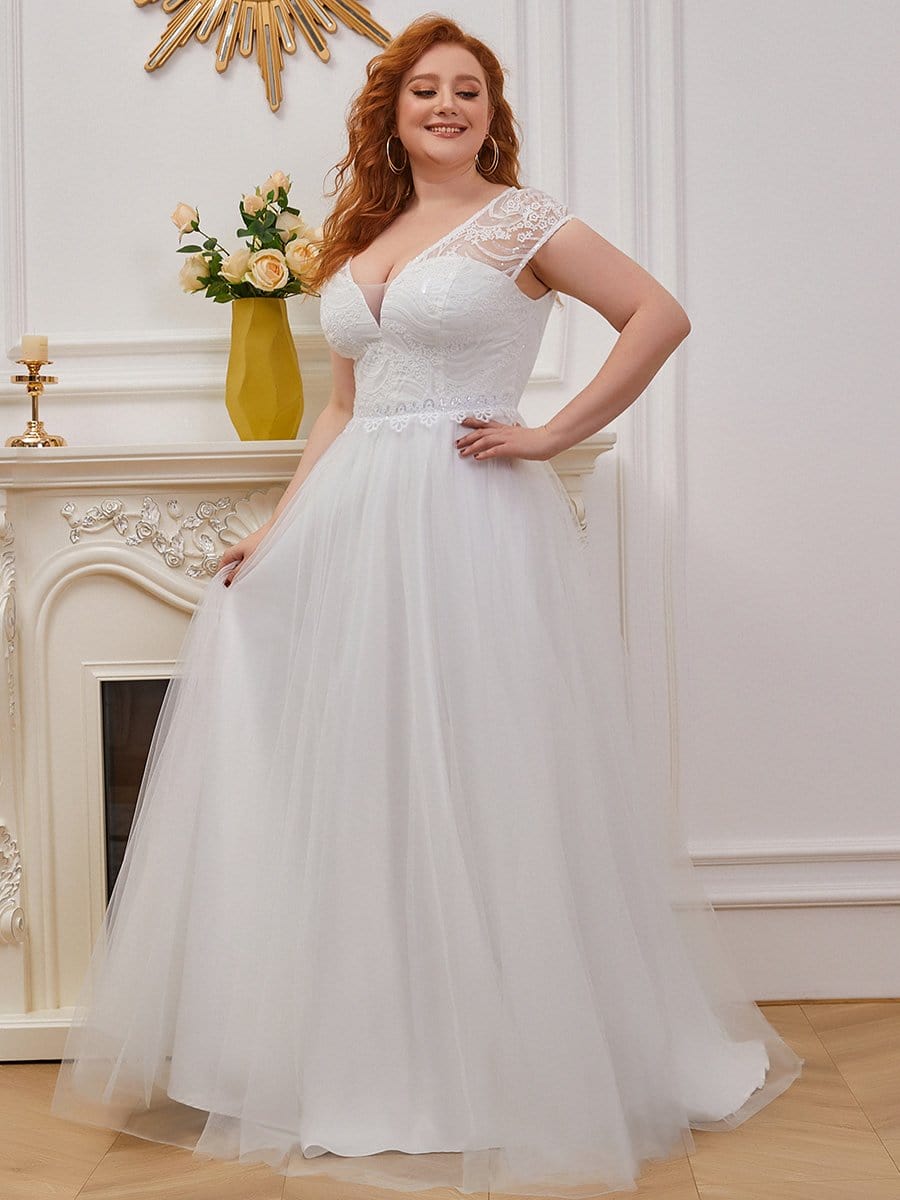 Color=Cream | Plus-Size A-Line V-Neck Wedding Gown With Cover Sleeves-Cream 4 Color=Cream | Plus-Size A-Line V-Neck Wedding Gown With Cover Sleeves-Cream 4