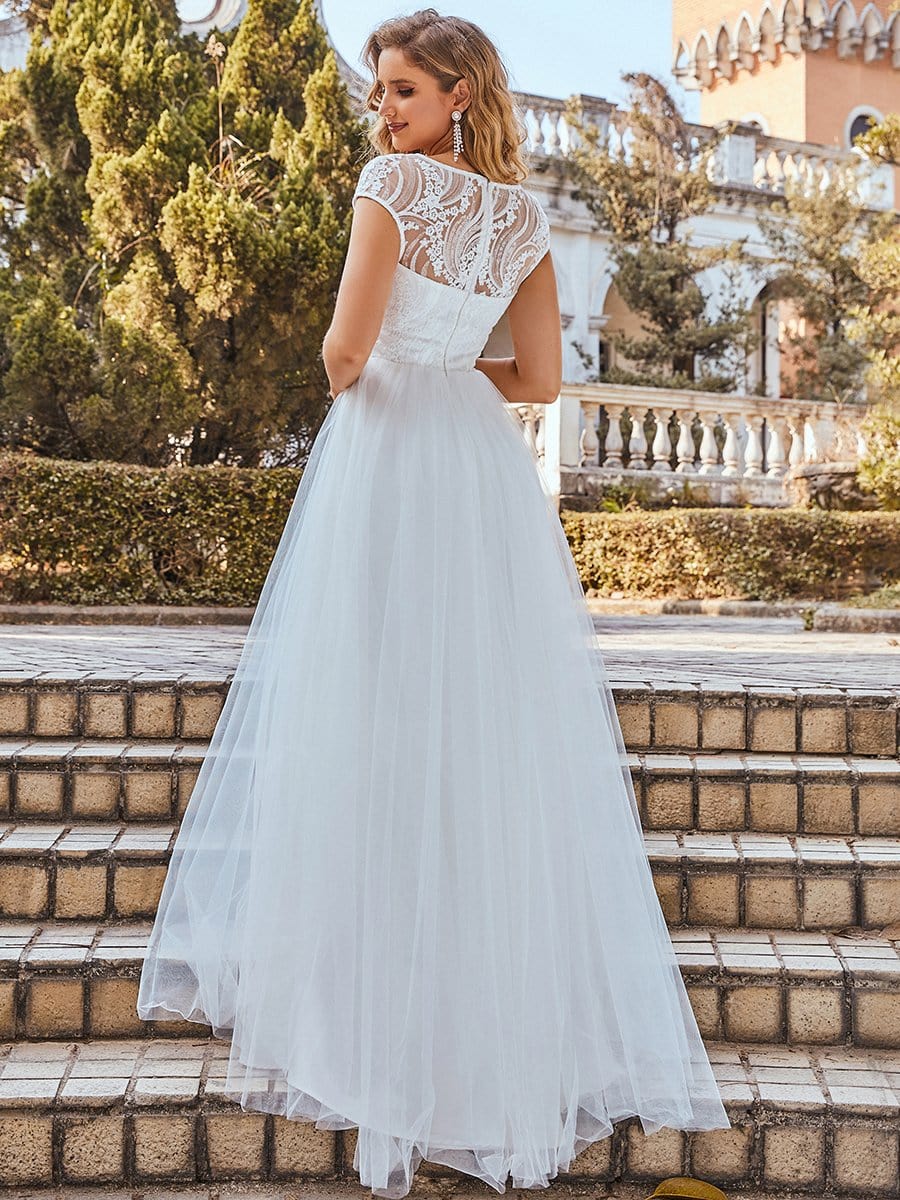 Color=Cream | Elegant A Line V-Neck Wedding Gown With Cover Sleeves-Cream 2 Color=Cream | Elegant A Line V-Neck Wedding Gown With Cover Sleeves-Cream 2