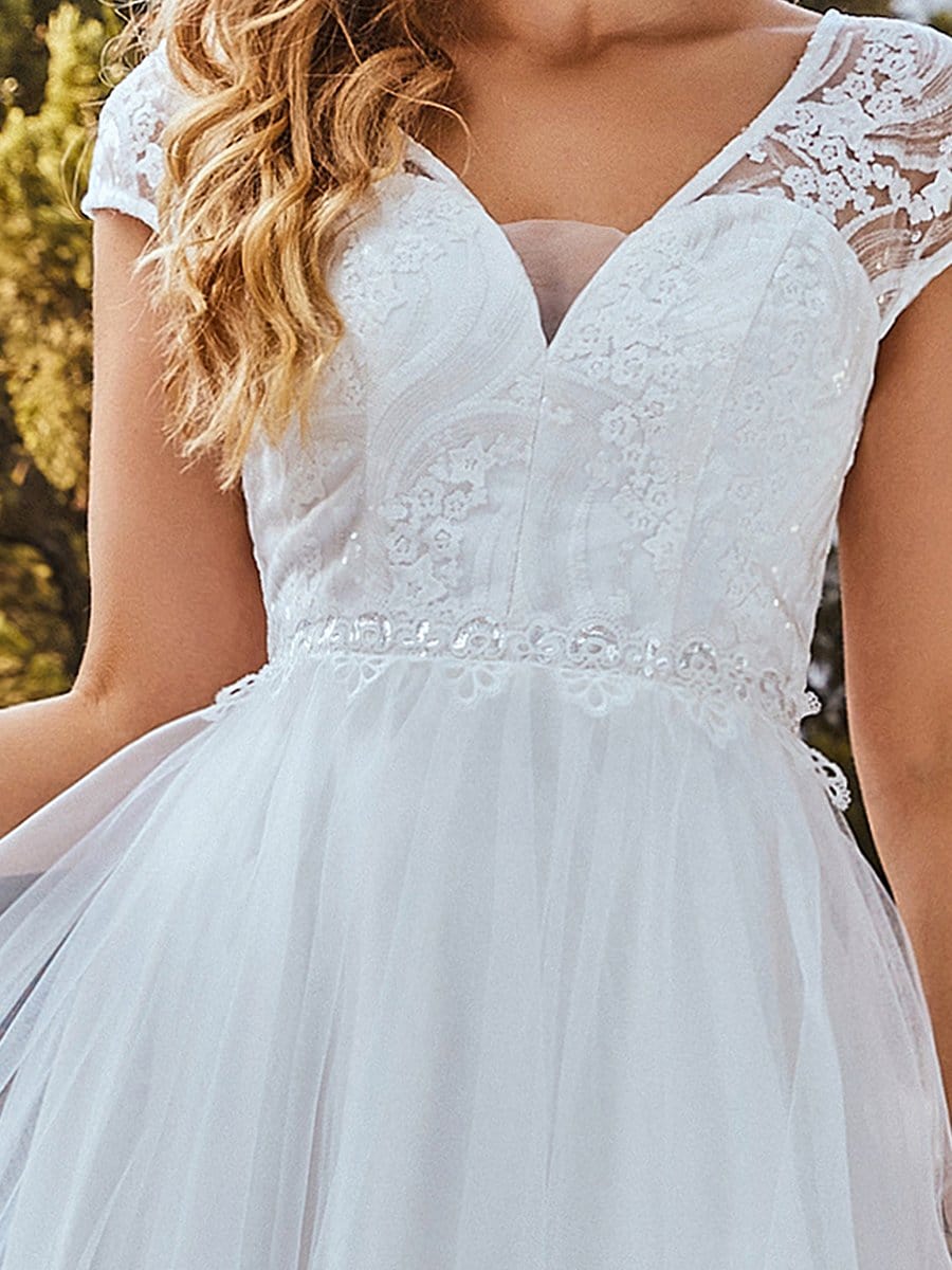 Color=Cream | Elegant A Line V-Neck Wedding Gown With Cover Sleeves-Cream 3 Color=Cream | Elegant A Line V-Neck Wedding Gown With Cover Sleeves-Cream 3