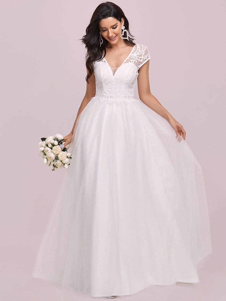 Color=Cream | Elegant A Line V-Neck Wedding Gown With Cover Sleeves-Cream 4 Color=Cream | Elegant A Line V-Neck Wedding Gown With Cover Sleeves-Cream 4
