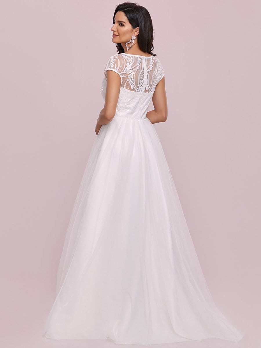 Color=Cream | Elegant A Line V-Neck Wedding Gown With Cover Sleeves-Cream 5 Color=Cream | Elegant A Line V-Neck Wedding Gown With Cover Sleeves-Cream 5