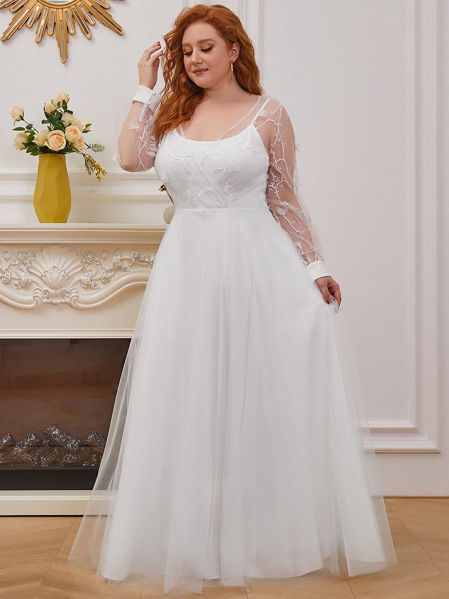 Color=Cream | Plus Size A-Line Tulle Wedding Dress With Long Sleeves-Cream 2 Color=Cream | Plus Size A-Line Tulle Wedding Dress With Long Sleeves-Cream 2