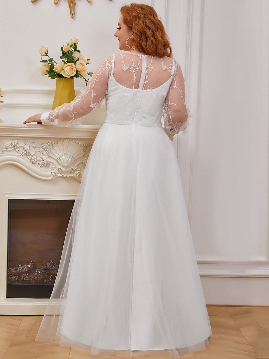 Color=Cream | Plus Size A-Line Tulle Wedding Dress With Long Sleeves-Cream 3 Color=Cream | Plus Size A-Line Tulle Wedding Dress With Long Sleeves-Cream 3