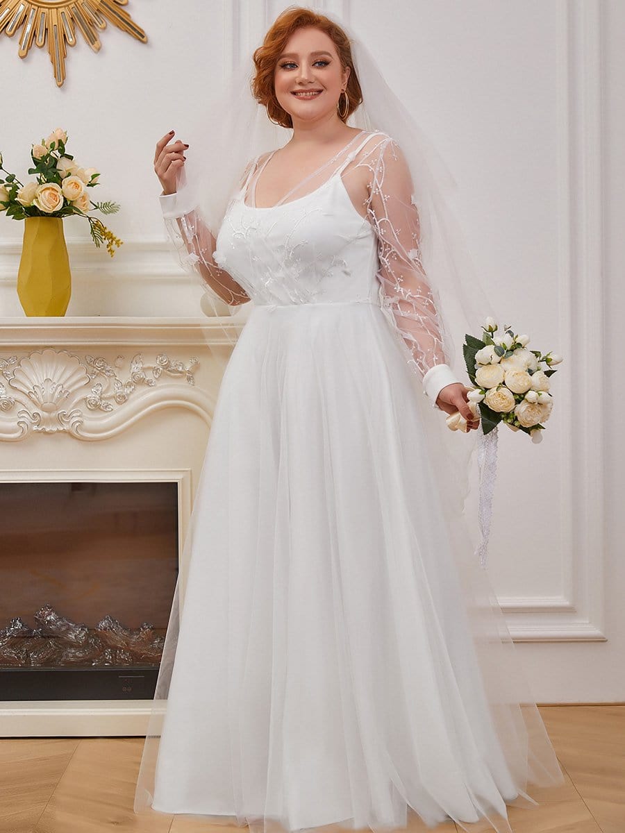 Color=Cream | Plus Size A-Line Tulle Wedding Dress With Long Sleeves-Cream 1 Color=Cream | Plus Size A-Line Tulle Wedding Dress With Long Sleeves-Cream 1