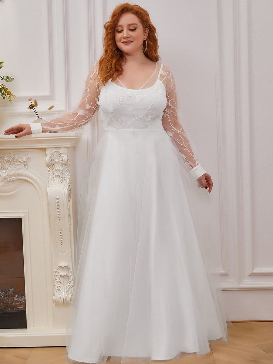 Color=Cream | Plus Size A-Line Tulle Wedding Dress With Long Sleeves-Cream 4 Color=Cream | Plus Size A-Line Tulle Wedding Dress With Long Sleeves-Cream 4