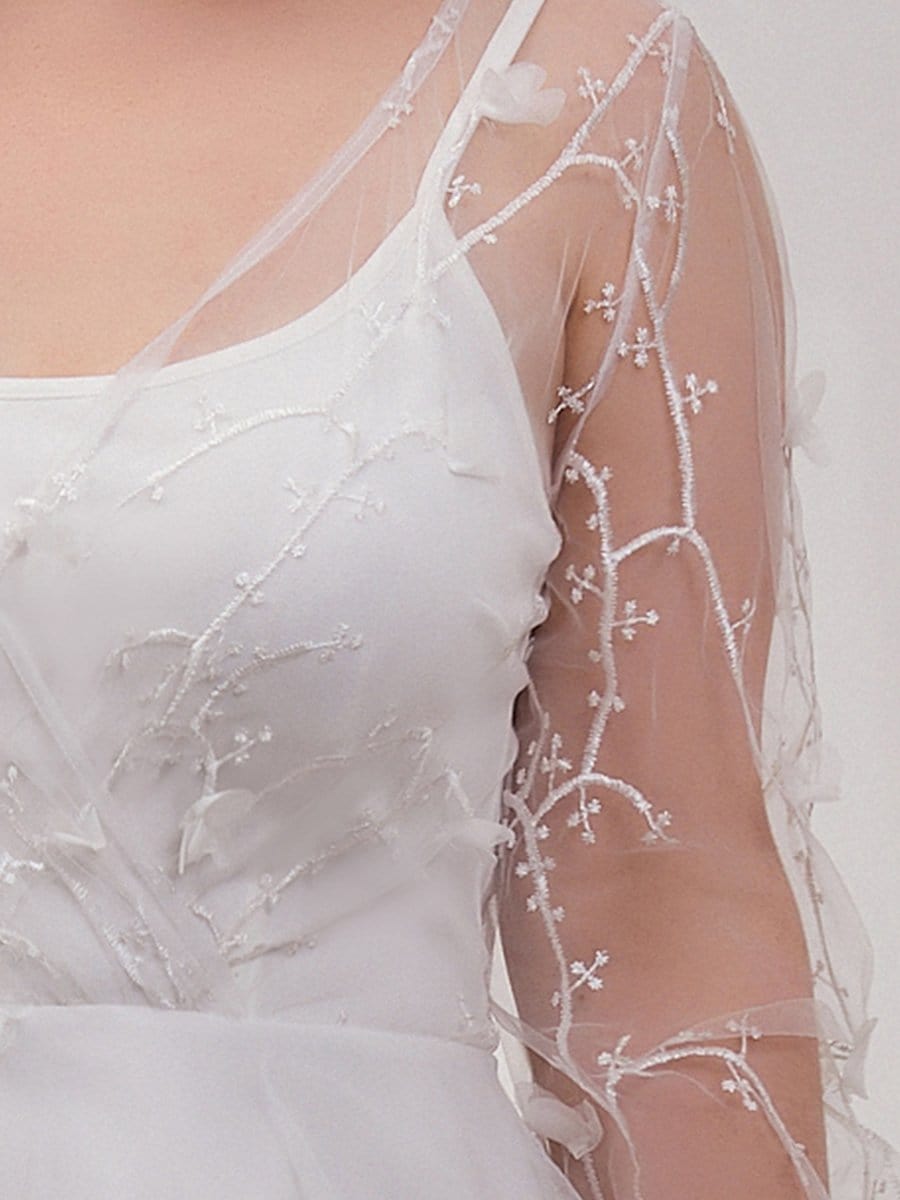 Color=Cream | Plus Size A-Line Tulle Wedding Dress With Long Sleeves-Cream 5 Color=Cream | Plus Size A-Line Tulle Wedding Dress With Long Sleeves-Cream 5