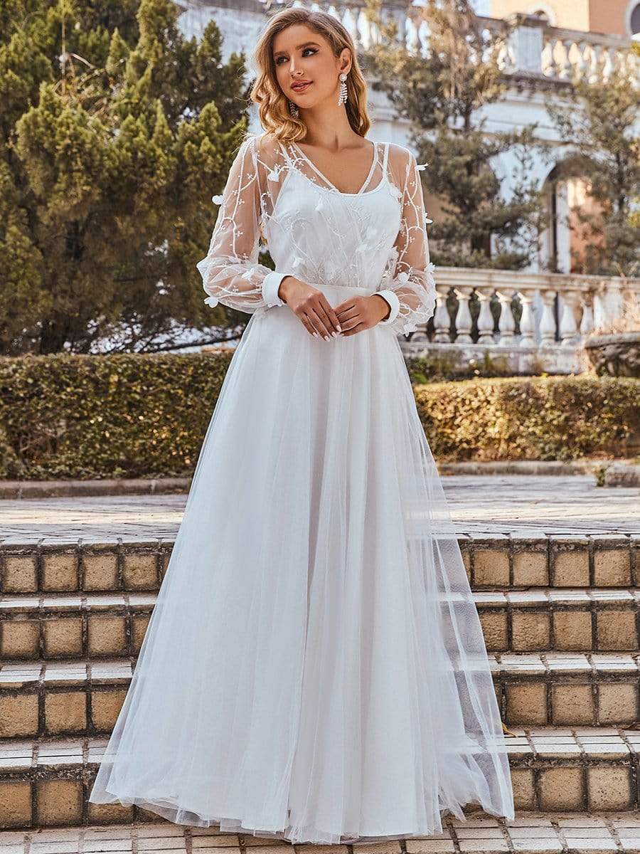 Color=Cream | Romantic A-Line Tulle Wedding Dress With Lace Decoration-Cream 2 Color=Cream | Romantic A-Line Tulle Wedding Dress With Lace Decoration-Cream 2