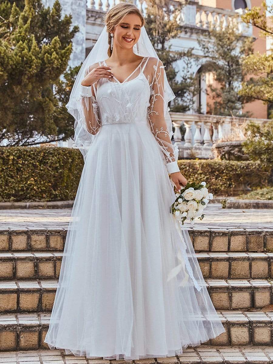 Color=Cream | Romantic A-Line Tulle Wedding Dress With Lace Decoration-Cream 1 Color=Cream | Romantic A-Line Tulle Wedding Dress With Lace Decoration-Cream 1