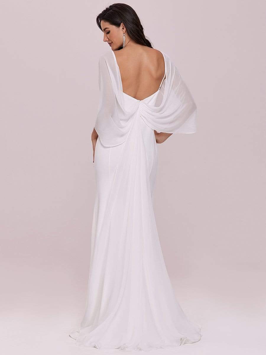 Color=Cream | Swag-Sleeves V Neck Floor Length Fishtail Wedding Dress-Cream 7 Color=Cream | Swag-Sleeves V Neck Floor Length Fishtail Wedding Dress-Cream 7
