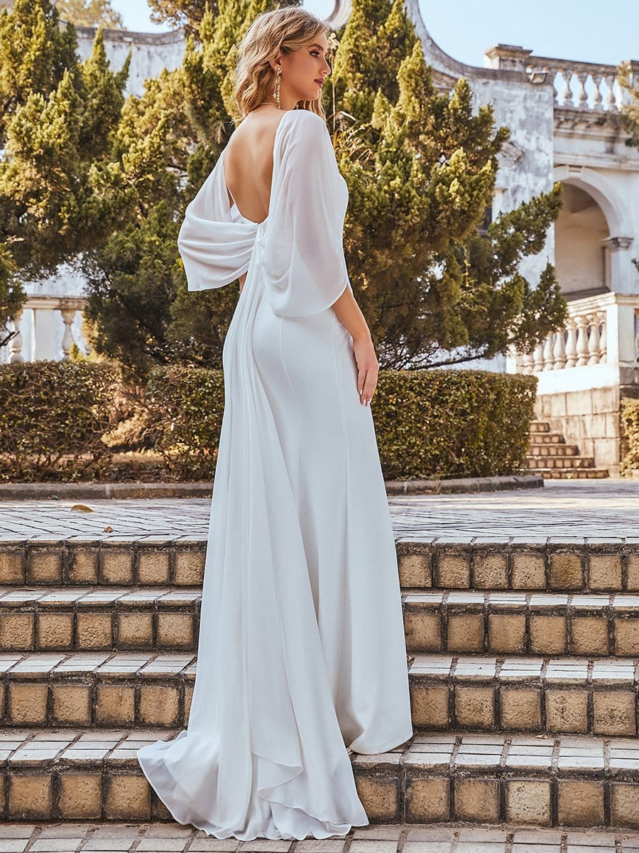 Color=Cream | Swag-Sleeves V Neck Floor Length Fishtail Wedding Dress-Cream 2 Color=Cream | Swag-Sleeves V Neck Floor Length Fishtail Wedding Dress-Cream 2