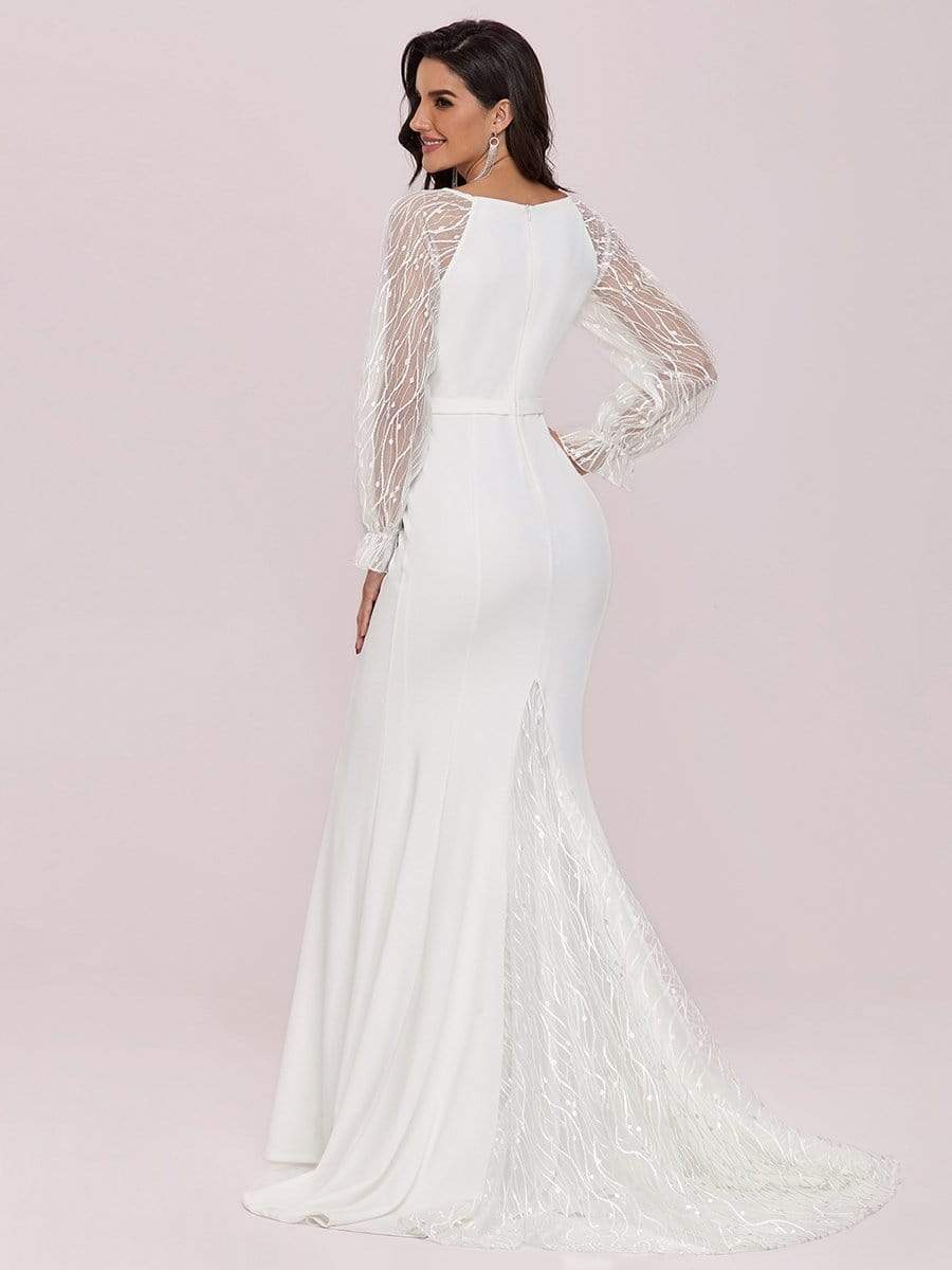 Color=Cream | Long Lace Lantern Sleeves Simple Mermaid Wedding Dress-Cream 5 Color=Cream | Long Lace Lantern Sleeves Simple Mermaid Wedding Dress-Cream 5