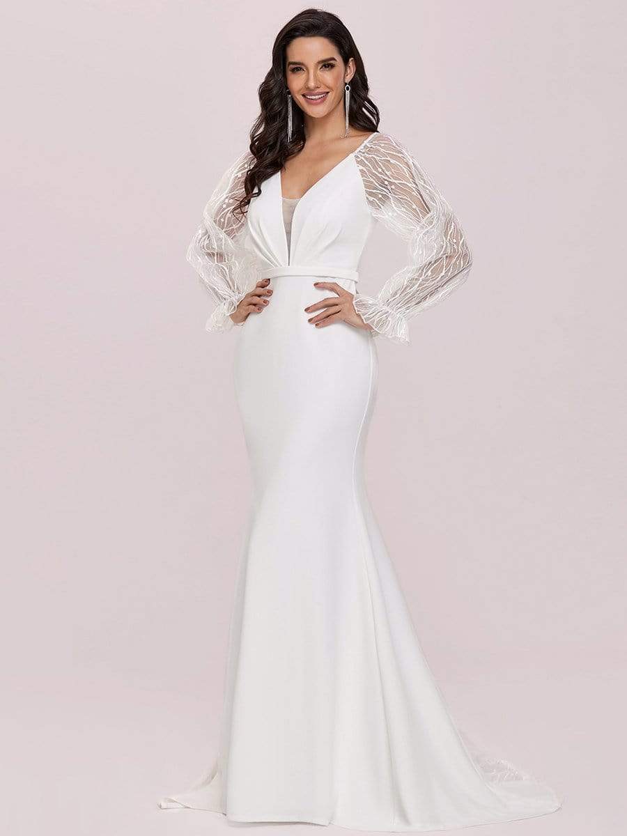 Color=Cream | Long Lace Lantern Sleeves Simple Mermaid Wedding Dress-Cream 6 Color=Cream | Long Lace Lantern Sleeves Simple Mermaid Wedding Dress-Cream 6