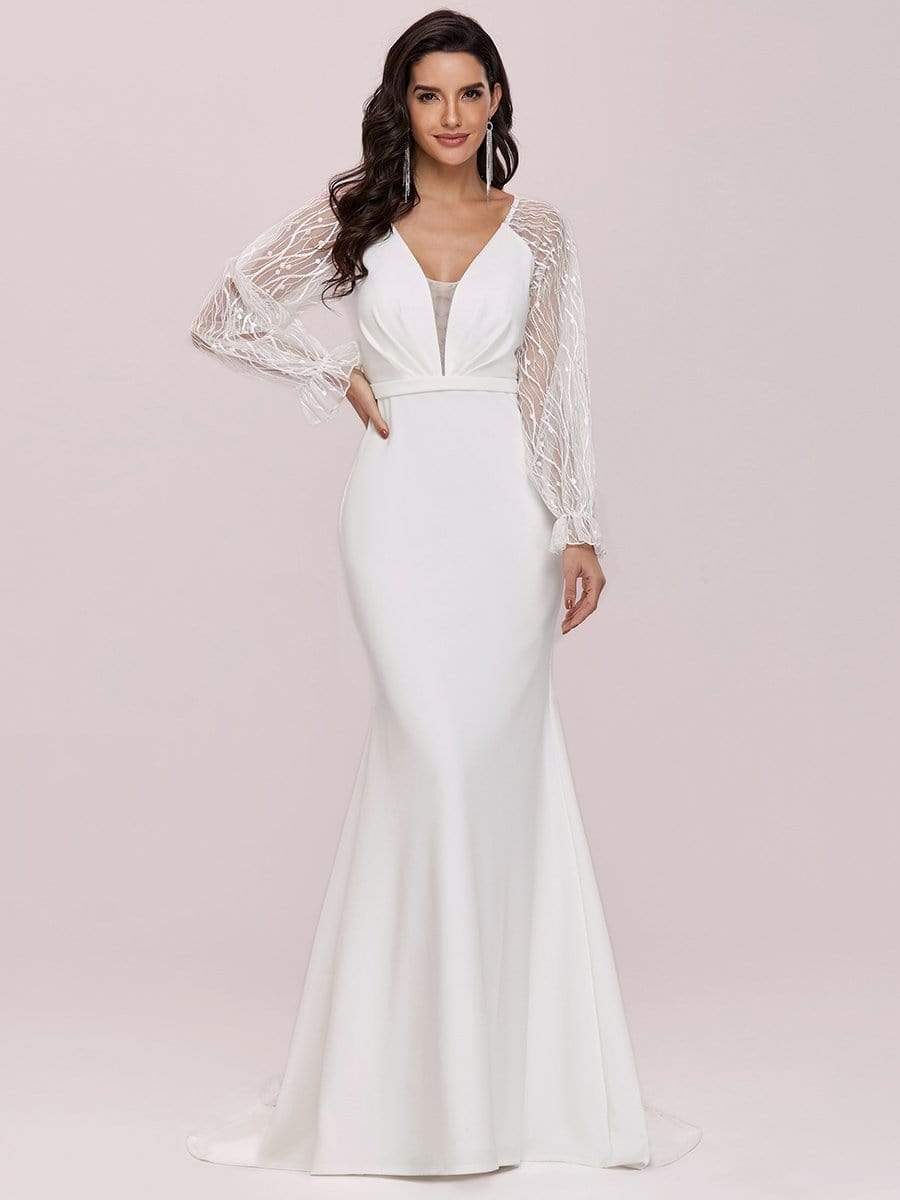 Color=Cream | Long Lace Lantern Sleeves Simple Mermaid Wedding Dress-Cream 7 Color=Cream | Long Lace Lantern Sleeves Simple Mermaid Wedding Dress-Cream 7