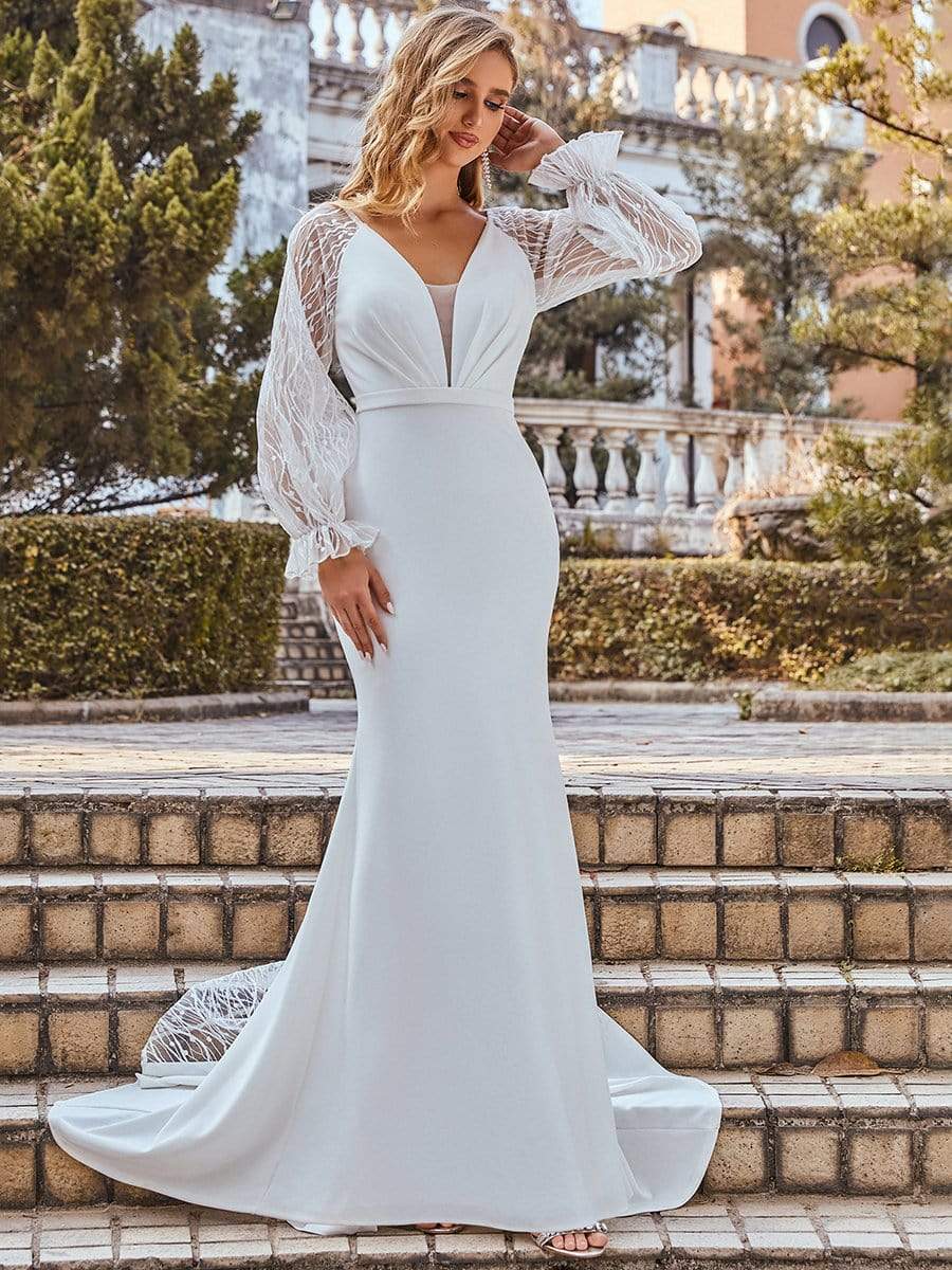 Color=Cream | Long Lace Lantern Sleeves Simple Mermaid Wedding Dress-Cream 2 Color=Cream | Long Lace Lantern Sleeves Simple Mermaid Wedding Dress-Cream 2