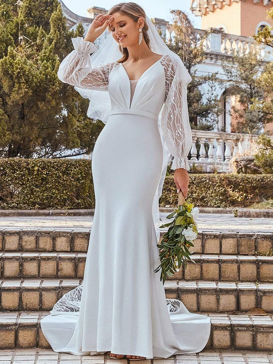Color=Cream | Long Lace Lantern Sleeves Simple Mermaid Wedding Dress-Cream 1 Color=Cream | Long Lace Lantern Sleeves Simple Mermaid Wedding Dress-Cream 1