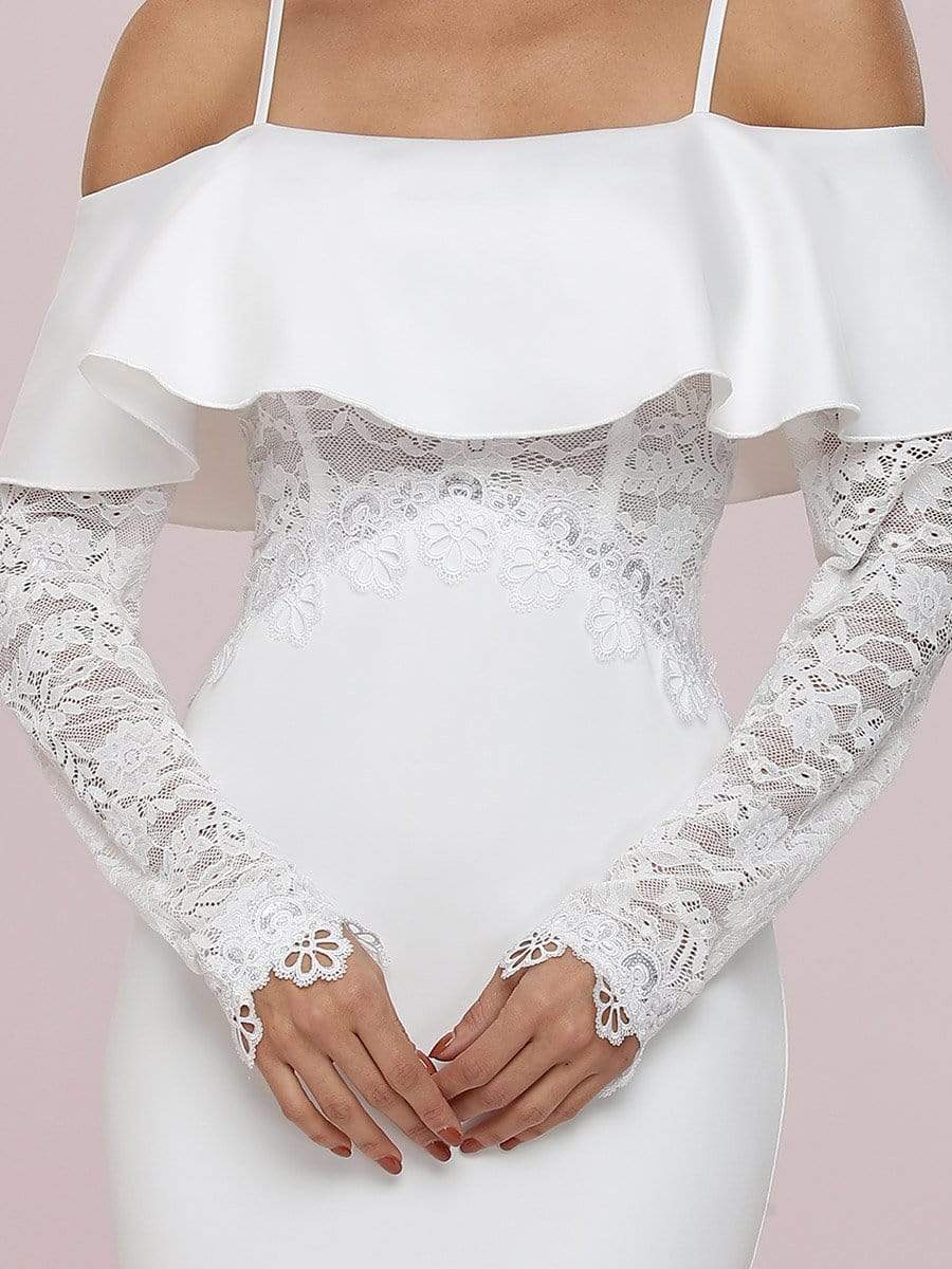Color=Cream | See-Through Lace Bodice & Shoulder Fishtail Maxi Wedding Dress-Cream 8 Color=Cream | See-Through Lace Bodice & Shoulder Fishtail Maxi Wedding Dress-Cream 8