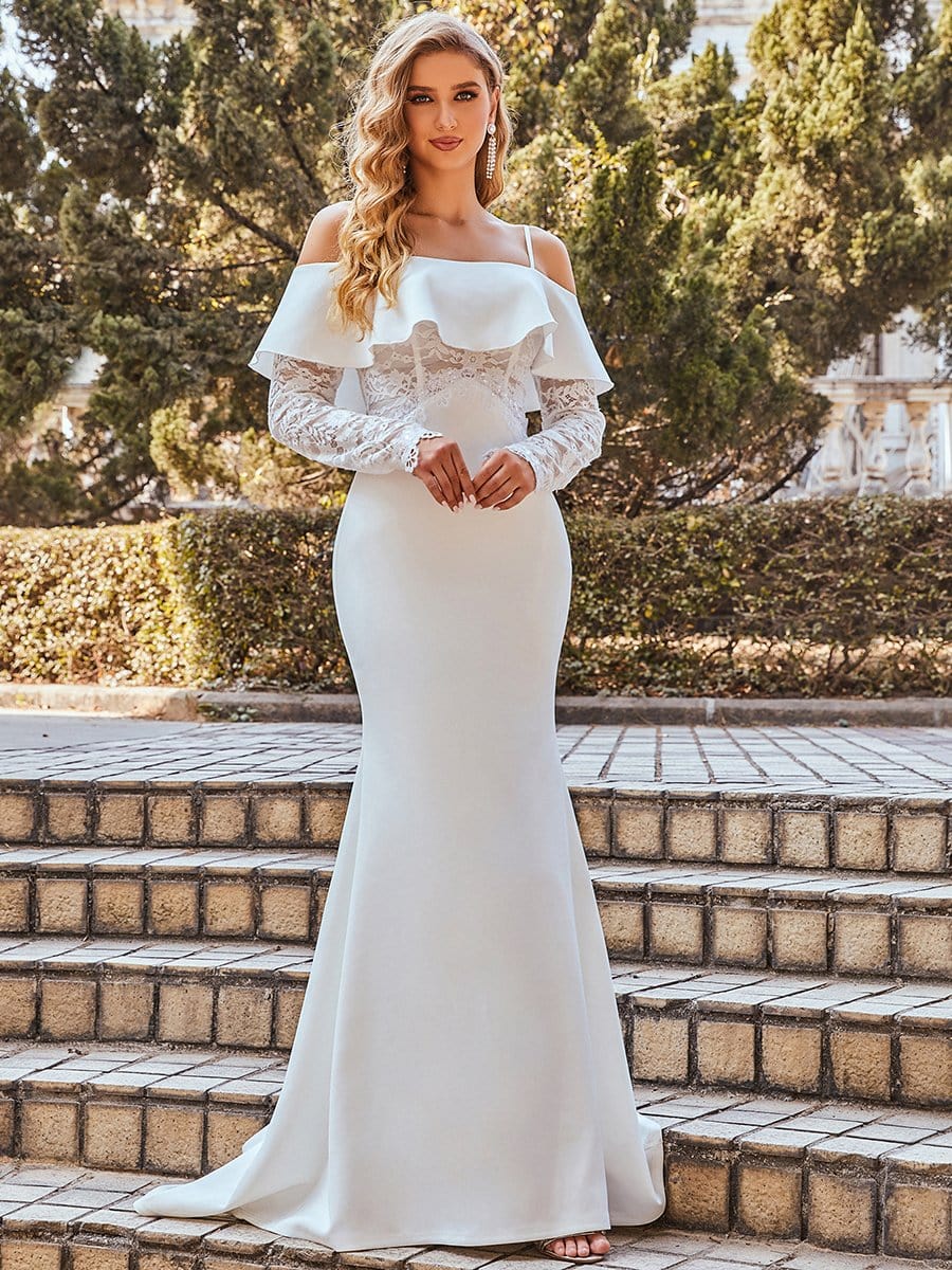 Color=Cream | See-Through Lace Bodice & Shoulder Fishtail Maxi Wedding Dress-Cream 3 Color=Cream | See-Through Lace Bodice & Shoulder Fishtail Maxi Wedding Dress-Cream 3