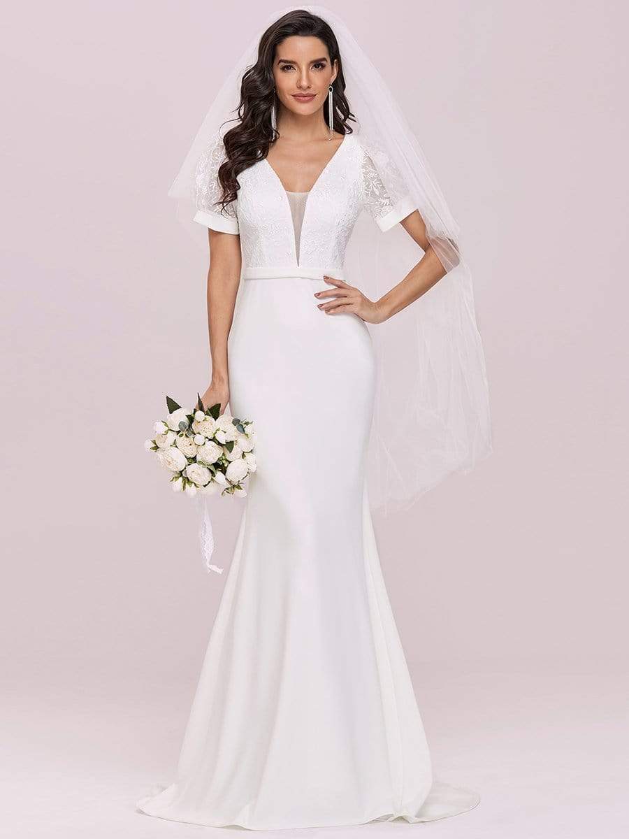Color=Cream | Plunge Neck Lace Bodice Floor Length Fishtail Wedding Dress-Cream 6 Color=Cream | Plunge Neck Lace Bodice Floor Length Fishtail Wedding Dress-Cream 6