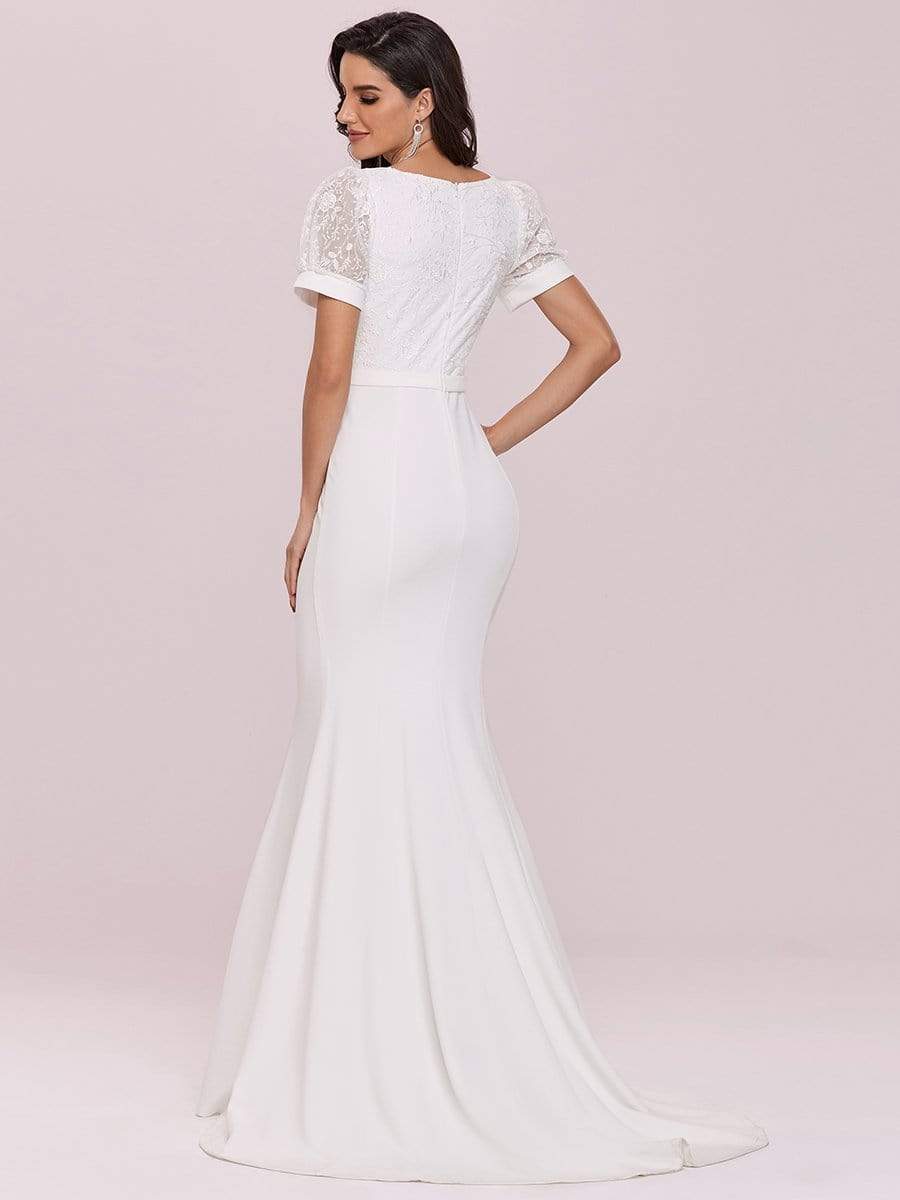 Color=Cream | Plunge Neck Lace Bodice Floor Length Fishtail Wedding Dress-Cream 8 Color=Cream | Plunge Neck Lace Bodice Floor Length Fishtail Wedding Dress-Cream 8