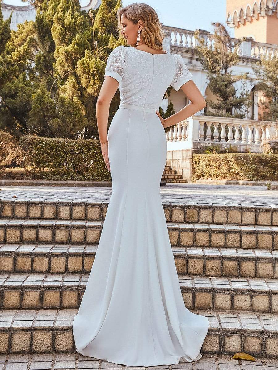 Color=Cream | Plunge Neck Lace Bodice Floor Length Fishtail Wedding Dress-Cream 4 Color=Cream | Plunge Neck Lace Bodice Floor Length Fishtail Wedding Dress-Cream 4
