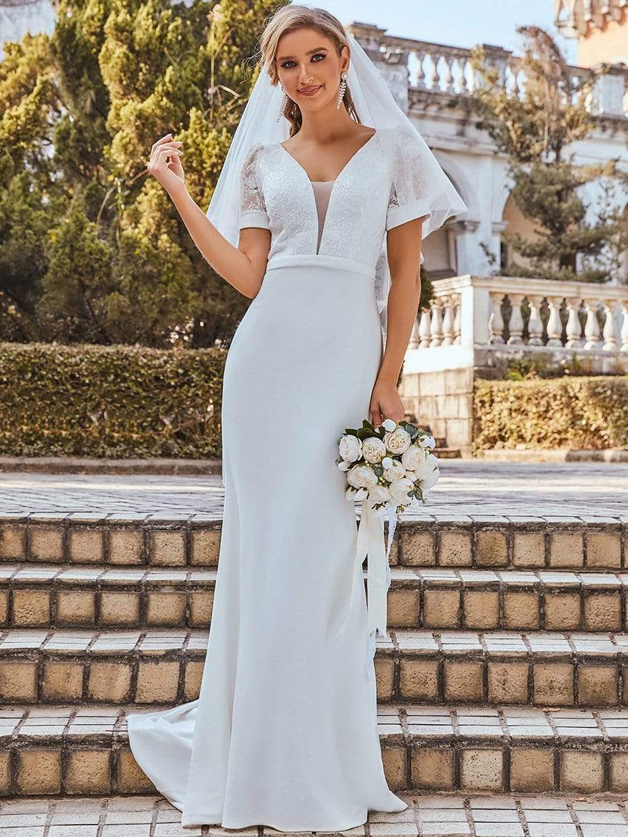 Color=Cream | Plunge Neck Lace Bodice Floor Length Fishtail Wedding Dress-Cream 2 Color=Cream | Plunge Neck Lace Bodice Floor Length Fishtail Wedding Dress-Cream 2