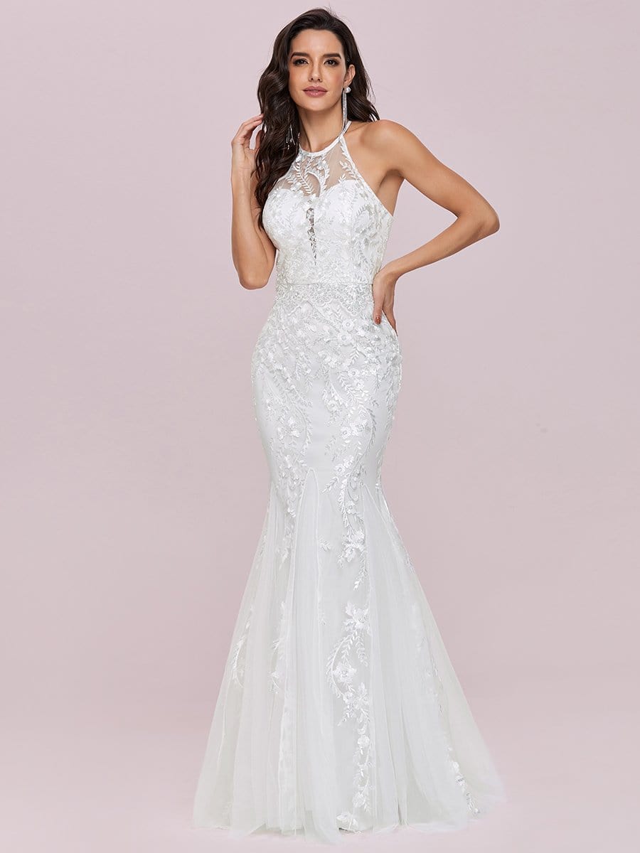 Color=Cream | Women'S Halter Maxi Lace & Tulle Mermaid Wedding Dress-Cream 5 Color=Cream | Women'S Halter Maxi Lace & Tulle Mermaid Wedding Dress-Cream 5
