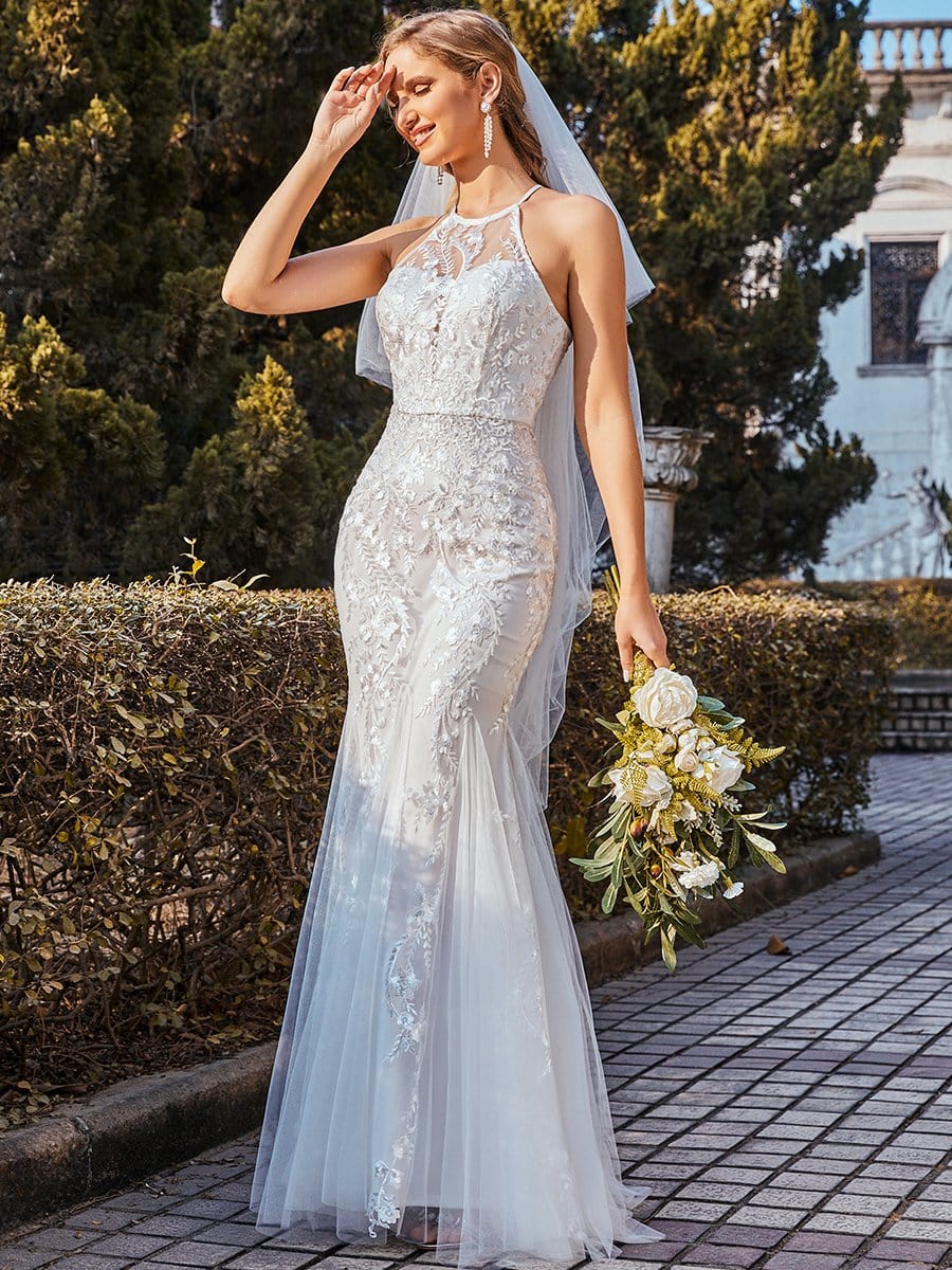 Color=Cream | Women'S Halter Maxi Lace & Tulle Mermaid Wedding Dress-Cream 1 Color=Cream | Women'S Halter Maxi Lace & Tulle Mermaid Wedding Dress-Cream 1