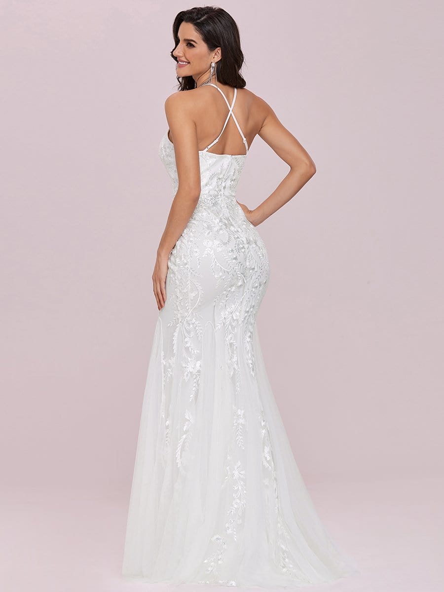 Color=Cream | Women'S Halter Maxi Lace & Tulle Mermaid Wedding Dress-Cream 6 Color=Cream | Women'S Halter Maxi Lace & Tulle Mermaid Wedding Dress-Cream 6