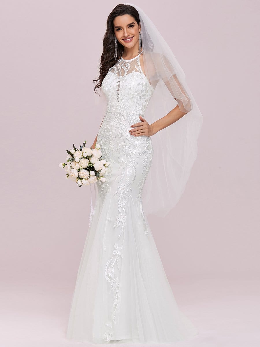 Color=Cream | Women'S Halter Maxi Lace & Tulle Mermaid Wedding Dress-Cream 4 Color=Cream | Women'S Halter Maxi Lace & Tulle Mermaid Wedding Dress-Cream 4