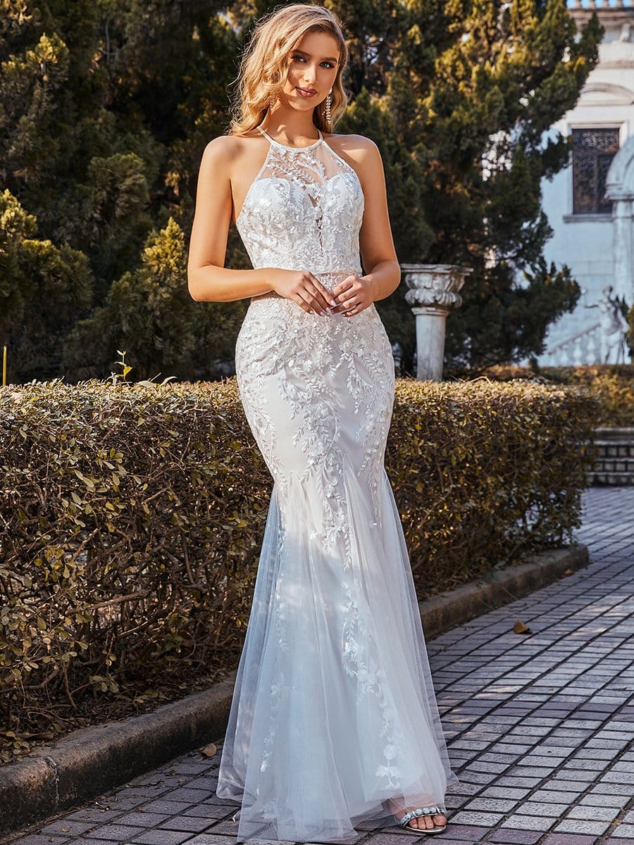 Color=Cream | Women'S Halter Maxi Lace & Tulle Mermaid Wedding Dress-Cream 2 Color=Cream | Women'S Halter Maxi Lace & Tulle Mermaid Wedding Dress-Cream 2