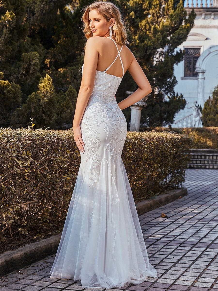Color=Cream | Women'S Halter Maxi Lace & Tulle Mermaid Wedding Dress-Cream 3 Color=Cream | Women'S Halter Maxi Lace & Tulle Mermaid Wedding Dress-Cream 3