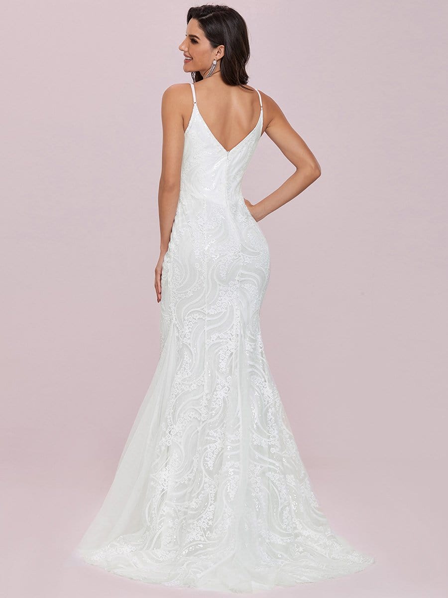 Color=Cream | Minimalist Fishtail Deep V Neck Lace Wedding Dress-Cream 5 Color=Cream | Minimalist Fishtail Deep V Neck Lace Wedding Dress-Cream 5
