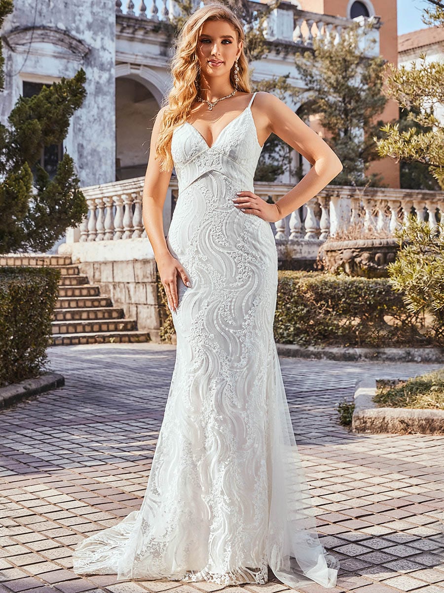 Color=Cream | Minimalist Fishtail Deep V Neck Lace Wedding Dress-Cream 3 Color=Cream | Minimalist Fishtail Deep V Neck Lace Wedding Dress-Cream 3