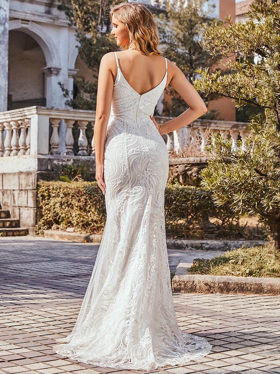 Color=Cream | Minimalist Fishtail Deep V Neck Lace Wedding Dress-Cream 2 Color=Cream | Minimalist Fishtail Deep V Neck Lace Wedding Dress-Cream 2